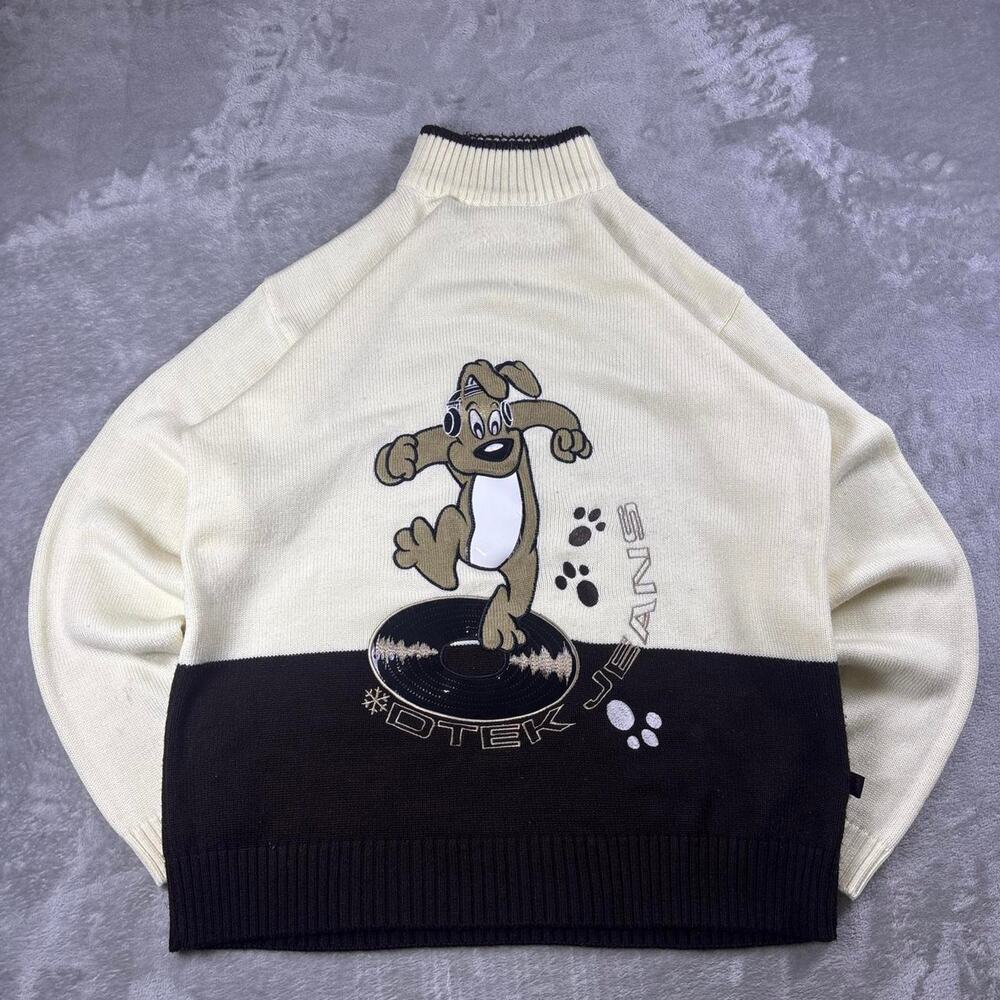 Vintage 90s DTEK Jeans Sweater Men’s XL Black Cream Hip Hop Dog Vinyl Record